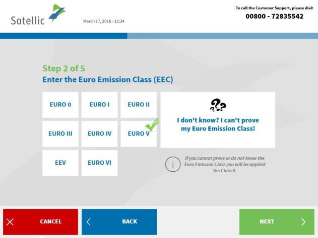 6. Enter the Gross Combination Weight Rating (GCWR) and click `NEXT. 7. Enter the EURO emission class and click `NEXT.