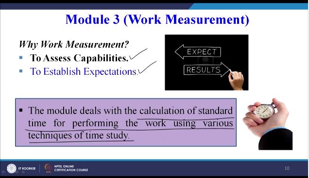 So this module deals with the calculation of standard time for performing the work using the techniques of time study. So we will see different techniques of time study.