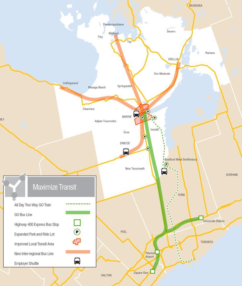 Scenario 1: Maximizing Transit Projects: Assumes existence of all Metrolinx Big Move projects and current transit services Extended GO train service between Barrie and Union Station Highway 400 bus