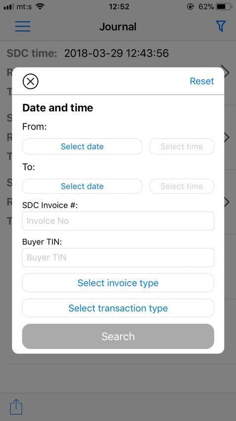 NOTE: The list of available apps for sharing / storing, will vary, based on the apps installed on your device. Journal Here you can find the list of all issued invoices on your device.