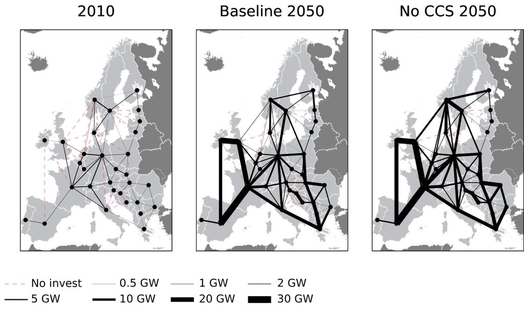 Figure 25: European transmission capacity in 2010, and the EMPIRE optimized infrastructure in 2050 for the Baseline and NoCCS scenarios.
