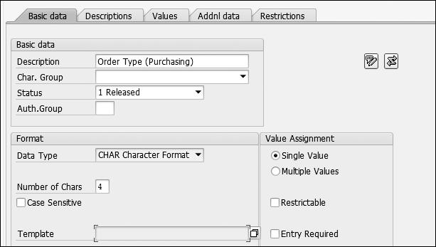 10 Purchase Requisitions 10.4 Release Procedures document type). Since this characteristic is created for a document type, specify the structure and field name given in Figure 10.27.
