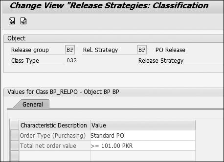 The first release strategy will have only one release code and will only be triggered for values less than 100.00 PKR in the characteristic BP_NETVAL.