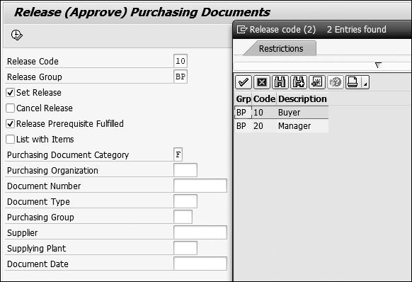 Specify the release group, the appropriate release codes, and the user ID in the Agent ID column. The user IDs specified with agent type US indicates that the agent name is an SAP user ID.