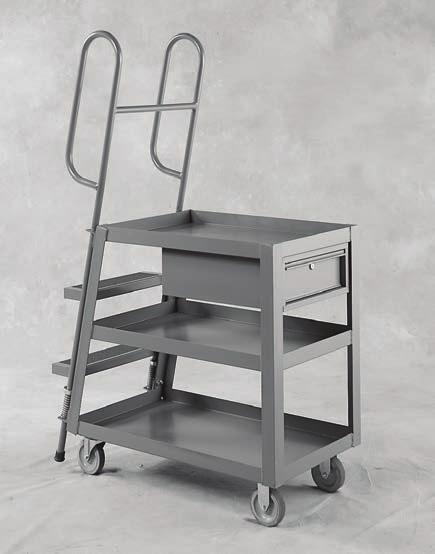 CARTS STEEL CARTS Ladder Carts Heavy gauge steel 2-step spring loaded ladder standard, grips floor when stepped on Tiered shelf design standard to maximize space and