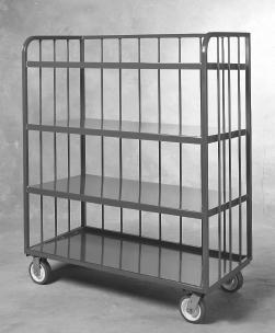 CARTS SHELF CART / STOCK TRUCK Open Portable Shelf Cart All welded construction made of 1" square tubing with 1 2" rods on sides and back Heavy gauge steel shelves slope from front to back 14"