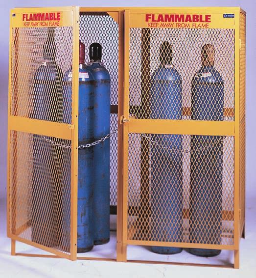 Corner posts are 12-gauge Padlock loop & hinges Pre-drilled legs to anchor to floor Painted safety yellow with red legend: Flammable-Keep