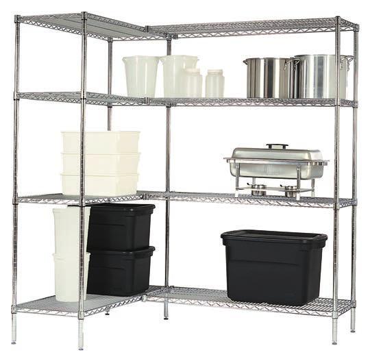 SHELVING SYSTEMS STANDARD DUTY ROUND POST WIRE SHELVING 4-Shelf Shelving Units Starter units include (4) shelves, (4) posts, (16) plastic collets.
