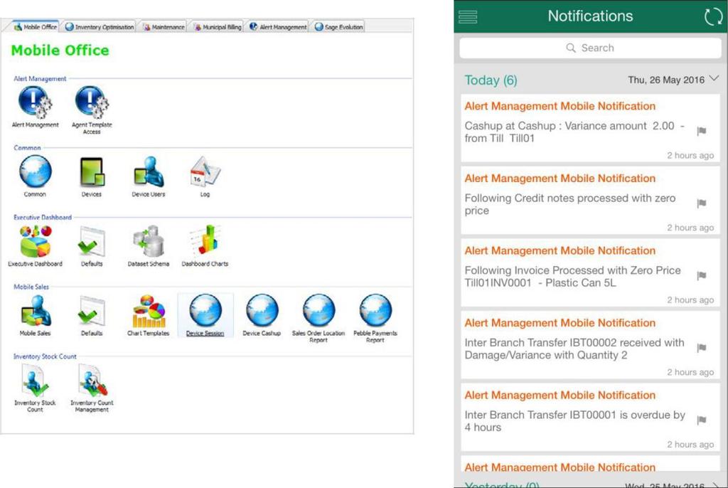 Alert Manager Mobile Application Manage alerts by using Sage Evolution s Mobile Alert Manager application.