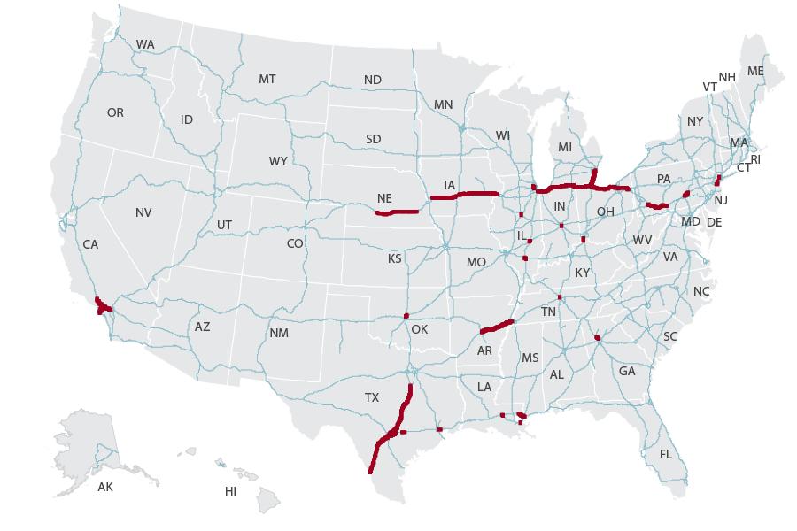 Figure 2. Interstate Highways with Largest Projected Increases in Truck Traffic Source: Map prepared by CRS using DOT Freight Analysis Framework. Note: Blue (thin) lines represent Interstate Highways.