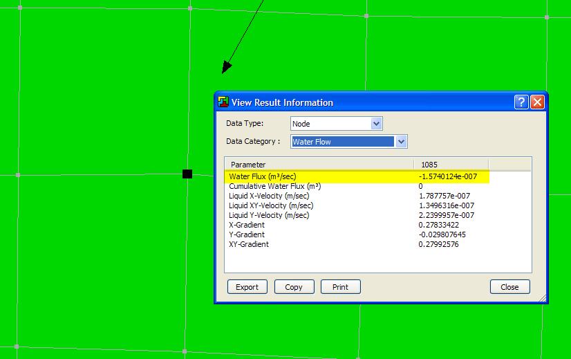 The free point drain value is obtained using the View Results Information command, and selecting the free point as shown below. The nodal flow is computed as -1.