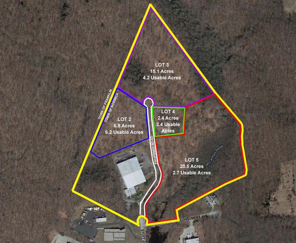 2 Consumers Ave. Norwich, CT 06360 Not to scale - for Marketing purposes only. 4 Industrial Lots in Norwich Business Park. 44.8 total acres; 15.5 usable. 11.3 contiguous buildable acres.