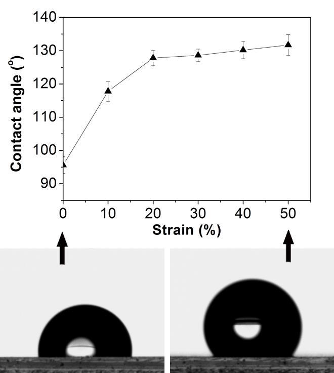 Supplementary Figure 6. Correlation of contact angle with applied strain on the topmost surface of transparency change mechanochromism.