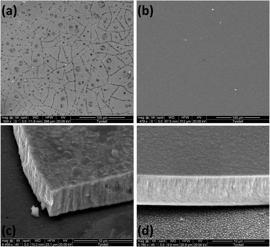The surface morphology of the deposited films is characterized using Scanning Electron Microscopy (SEM) and shown in Fig. 3.