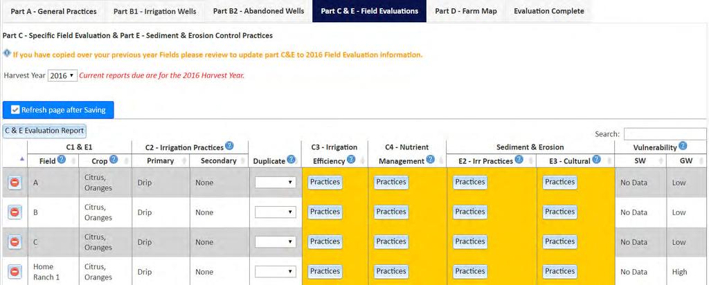 Farm Evaluation Online Submittal 32 You must complete part C&E for all fields