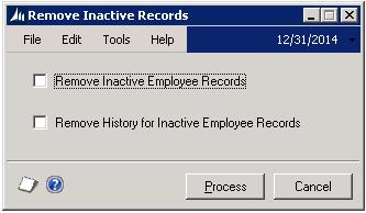 CHAPTER 4 PAYROLL YEAR-END PROCEDURES To delete information for inactive employees: 1. Open the Remove Inactive Records window.