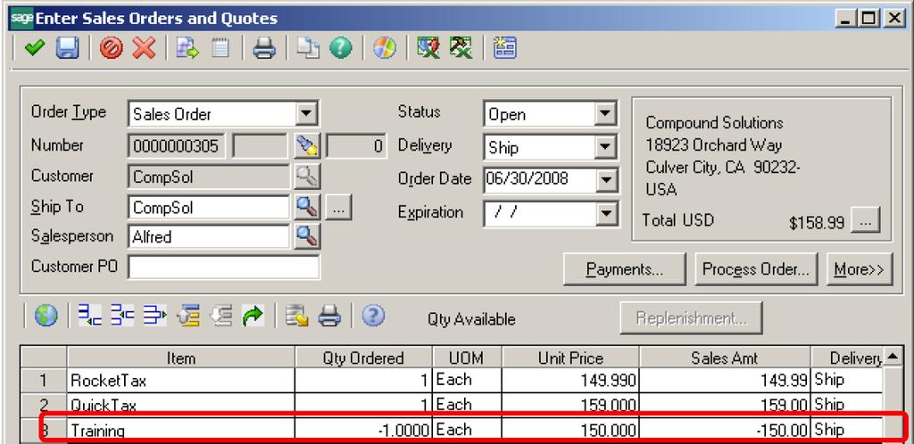 Sales Order Improvements Negative lines items have been prohibited on Sales Orders in Sage 500 ERP.