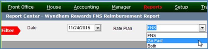 Wyndham Rewards FNS Reimbursement report to includes Go Fast Rates The calculation data and Filter options include FNS and Go Fast details.