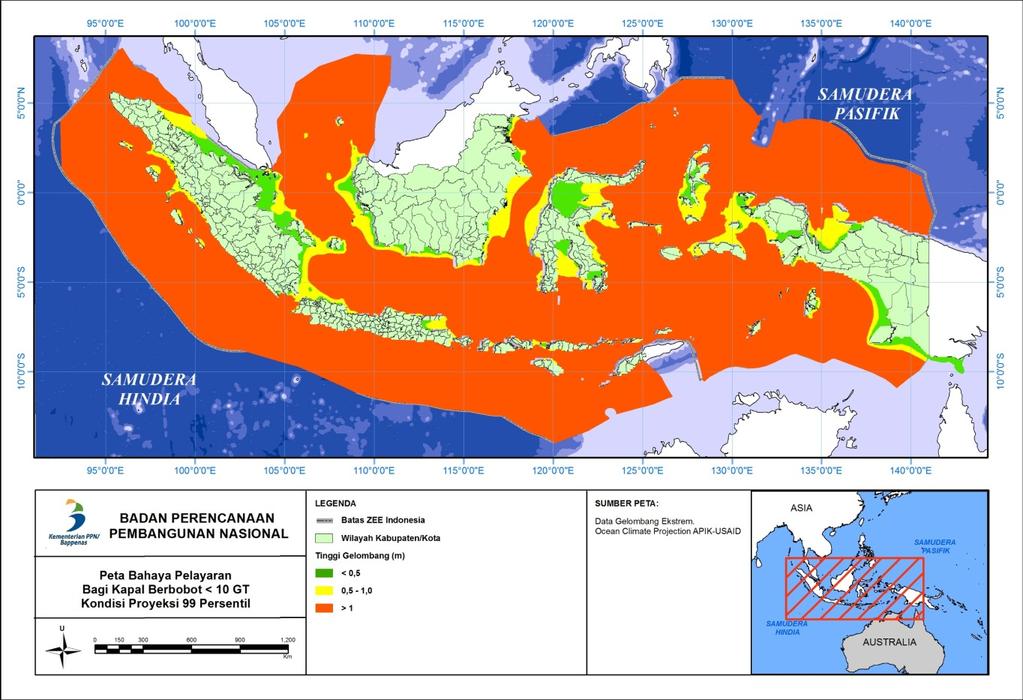 Sea Level Rise Map from Potential Hazard Assessment Ship with <10 GT capacity will have a narrower area due to extreme wave height (>1m) Eastern part of Indonesia will be vulnerable