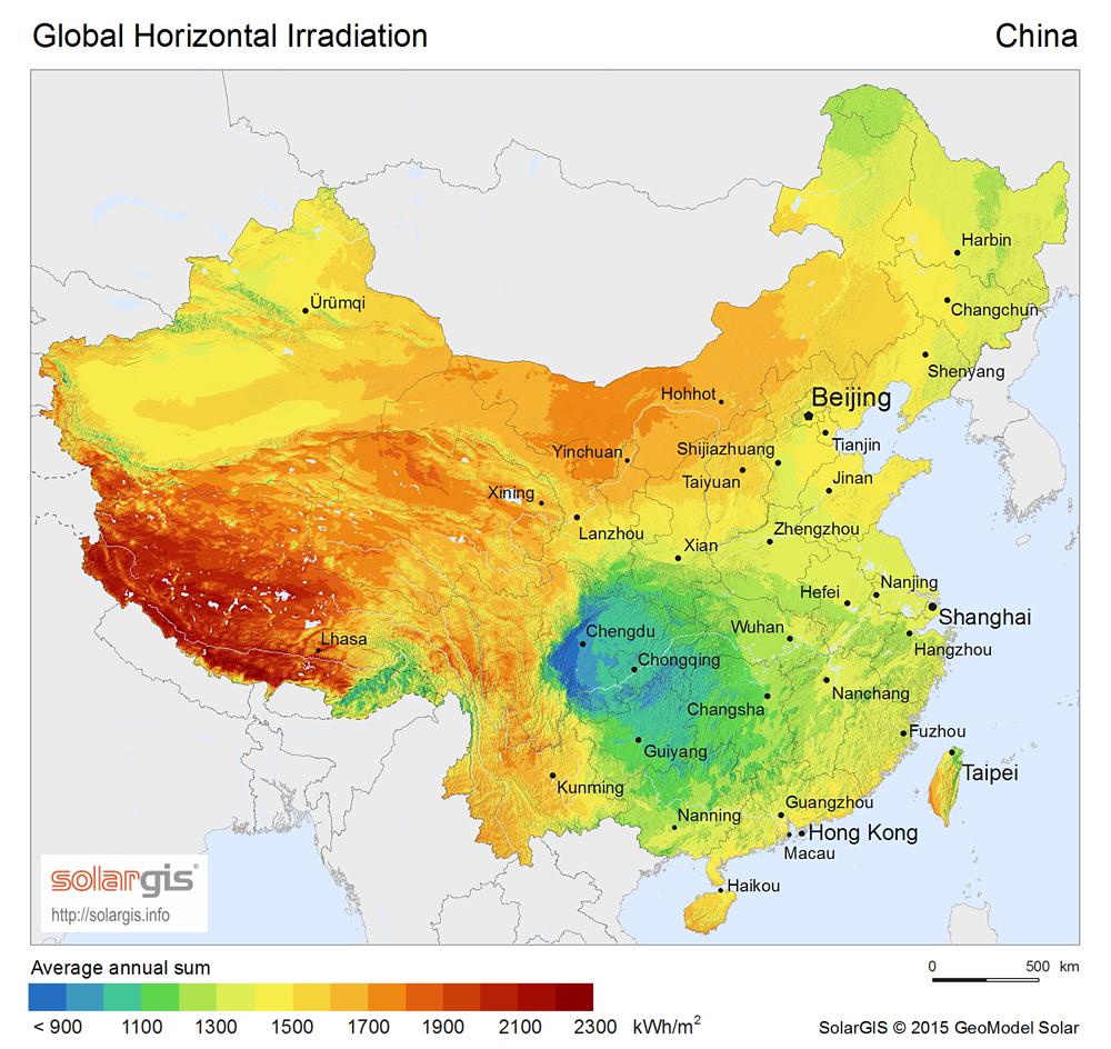 China s Challenge: Solar in the West, Population in the East Solar Irradiation Population Density Government has