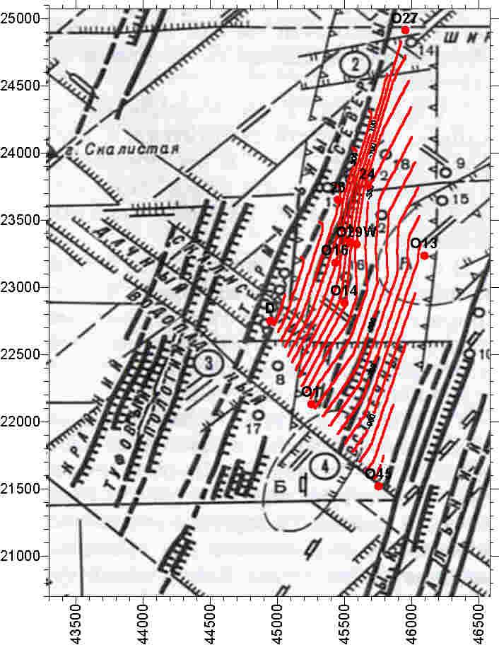 Fig. 2. Structural map of the Mutnovsky geothermal field (V.L.