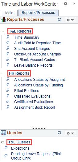 Step 6 Click the appropriate link for the T&L Reports, HR Reports or T&L Queries you wish