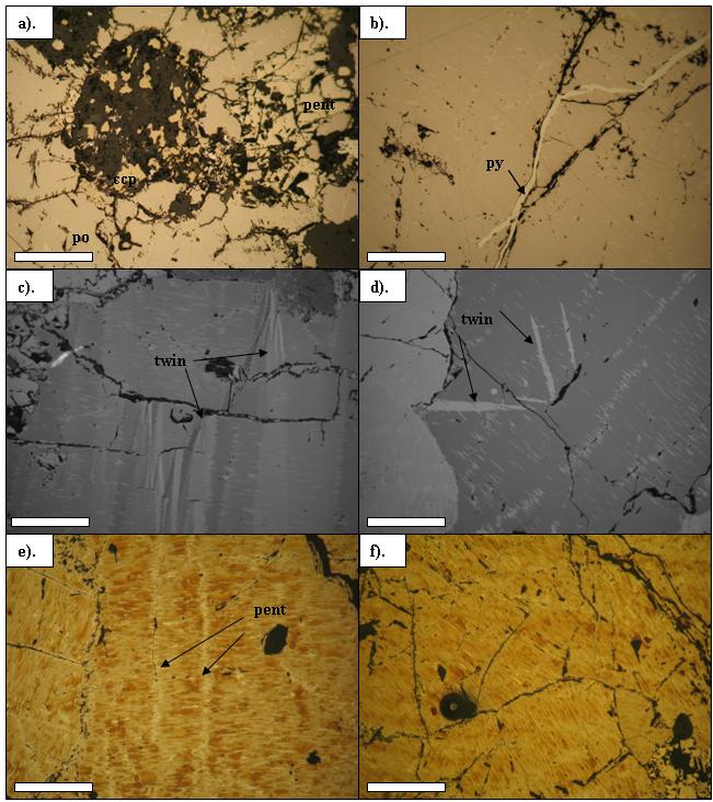 Chapter 4: Pyrrhotite Mineralogy Figure 4.5: Photomicrographs of the Phoenix massive sulfide ore shown in RPL and XPRL (c, d). (a) Silicate inclusion hosted by the massive sulfide.