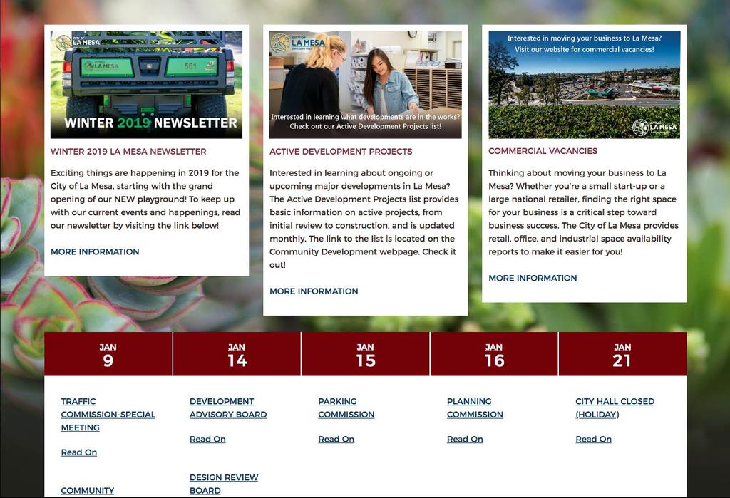 over main header) Agendas & Minutes, Classes, Stay Informed, Report a Concern, Parks 3 Column Layout Content (below header): Winter 2019