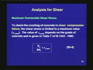 (Refer Slide Time 31:23) Next, let us learn the maximum permissible shear stress in concrete. As mentioned in the last lecture, there are several modes of shear failure.