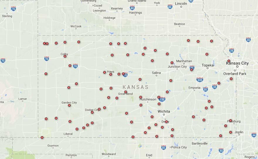 Today, there are 78 farmer cooperatives with headquarters located in Kansas. Of the 78 co ops, there are 18 that have either zero or one grain location.