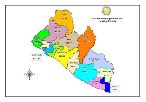 ITEM Administrative divisions known as counties QUANTITY Land Area (sq. km) 111,369 Population of Liberia (2010 Approx) 4.