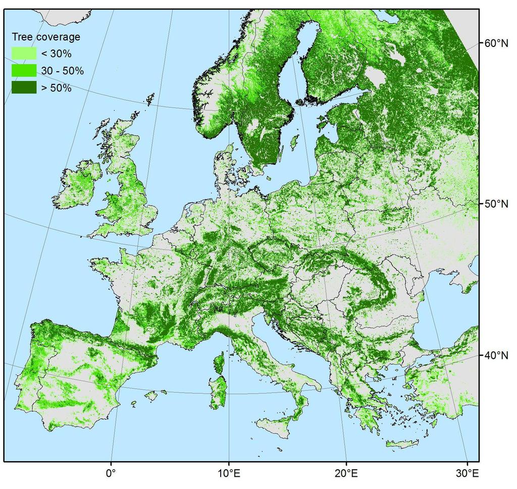 Tree cover (canopy) density for Europe, extracted from