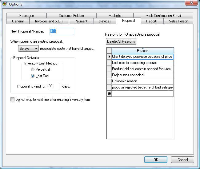 Processing Proposals The reason list can be edited from this proposal options window. Click OK to save.