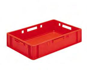 E1 EURO Design: External dimensions: Deadweight: Volume: Available colours: Options: Available accessories: Floor and side walls closed 600 x 400 x 125 mm 1,500 g 25 litres HDPE red, black, yellow,