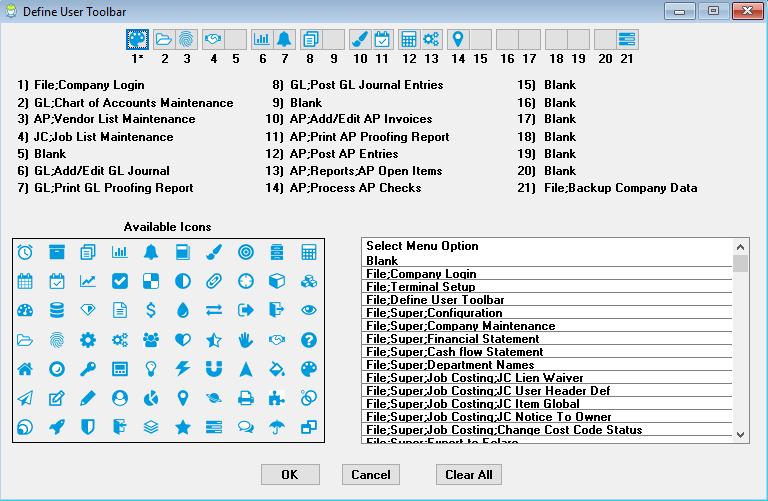 Replaced All Program Icons Software Report: 5287 Users can assign menu short cuts with the DEFINE USER TOOLBAR.
