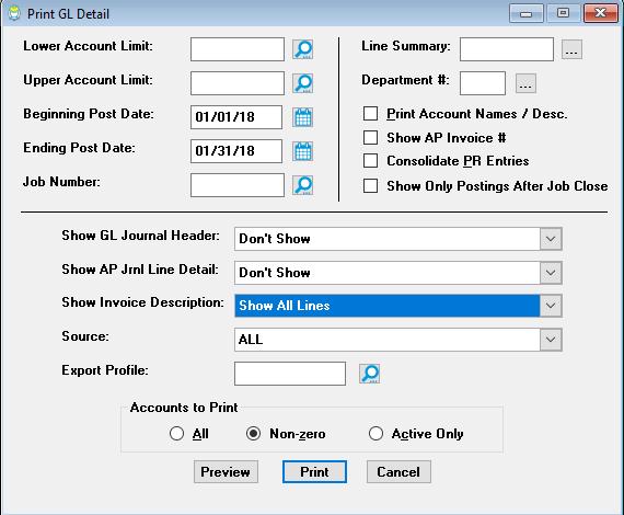 GL Detail Report Invoice Description Software Report: 5231 Added new drop-down selection to