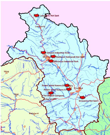 Map 14: Hot spots for water quality in Ibër River Basin in Kosovo Legend Hot spot for water quality River Basin & its contours Rivers Road (Source UNDP 2010) Before the 1999 war many industrial
