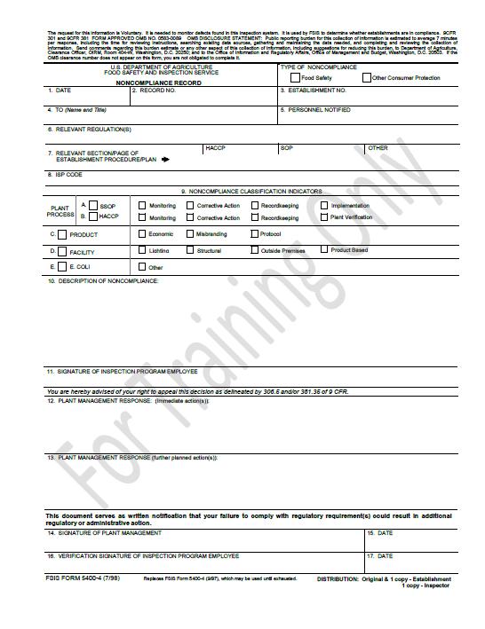 FSIS Form 5400-4 Noncompliance