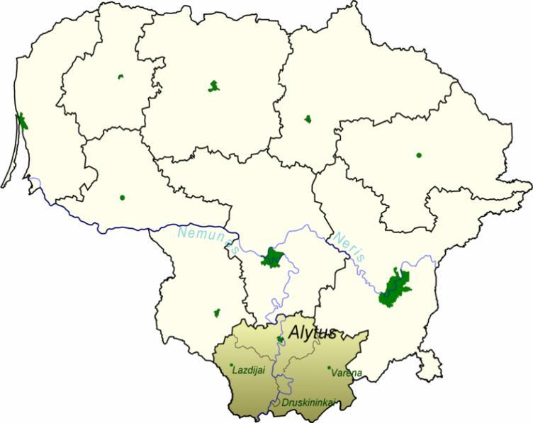 Some facts about Alytus county 5 municipalities Alytus city municipality, Alytus district municipality, Lazdijai district