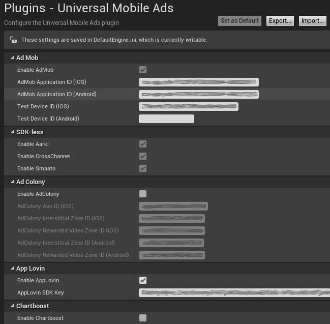 4. Go to Project Settings -> Plugins -> Universal Mobile Ads and select ad networks that should be enabled. 5.