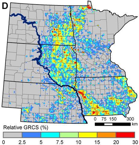 Hot spots of grassland conversion: This map shows the percentage of existing grasslands that were converted into corn or