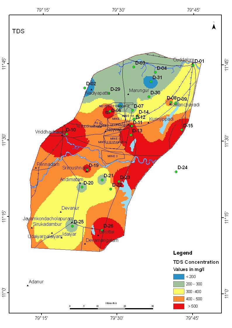 Volume 3, Issue 7 December 2014 314 Fig. 2c. Spatial distribution of TDS and d. TH conc. Fig. 2e. Spatial distribution of SO 4 and f. HCO 3 ion conc.