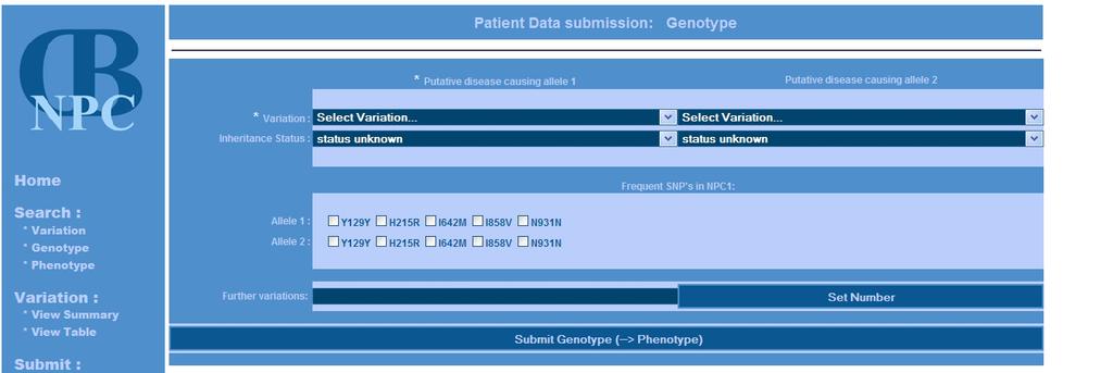 5.3. Submission of Patient Data A second major feature of NPC-db is the possibility to submit, collect and display information on the genotype and basic clinical features of individual NPC-patients.