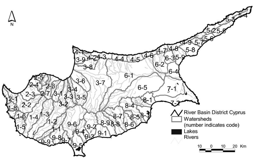 River basin district of Cyprus with its watersheds,