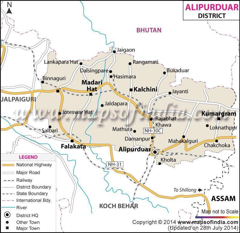 Map of the District Location and Geographical Units Alipurduar shares the western part of Jalpaiguri District & eastern part of Assam State and is close to International borders with Bhutan in the