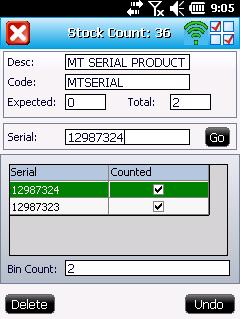 4.1 Lot/Serial Tracked items When a Serial or Lot tracked product item is entered/scanned, the Bin Count button on the count entry screen will be disabled and instead the count must be recorded via