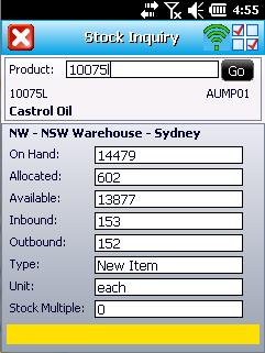 3. Stock Inquiry The Mobile Warehousing application provides a Stock Inquiry program for performing online stock inquiries against the MomentumPro product.