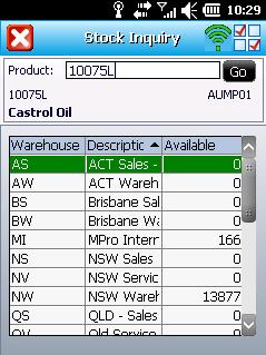 The Quantities option displays a listing of the stocking quantities for the selected item across all warehouses.