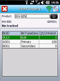 If the item is configured will Full Bin Tracking within MomentumPro, the current quantity on hand at each bin location is also displayed.