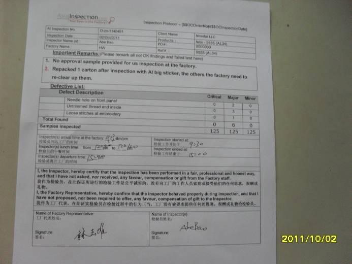 VIII. DRAFT REPORT Original signature from Factory Manager accepting AsiaInspection